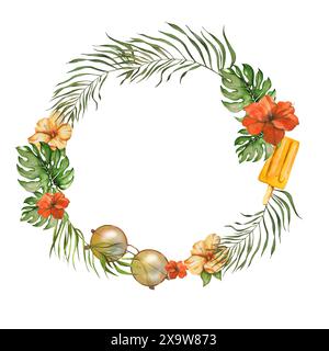 Kranzrahmen aus hellgrünen tropischen Blättern. Palm und Monstera verlassen, helle Hibiskusblüten. Aquarellabbildung. Für Design Travel Agency Stockfoto