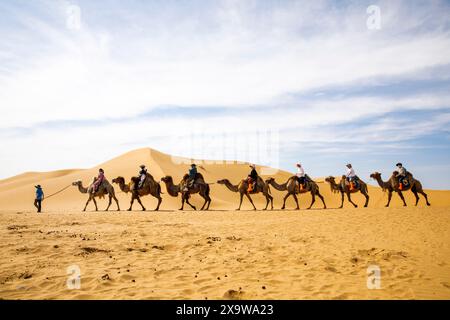 Ordos, China. Juni 2024. Am 31. Mai 2024 reiten Touristen auf Kamelen am malerischen Ort Yinkantara in der Kubuqi-Wüste in Ordos, der autonomen Region der Inneren Mongolei, China. (Foto: Costfoto/NurPhoto) Credit: NurPhoto SRL/Alamy Live News Stockfoto