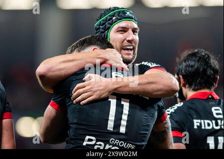 Lucas Tauzin aus Toulouse feiert seinen Versuch mit Francois Cros während der französischen Meisterschaft Top 14 Rugby union Spiel zwischen Stade Toulousain (Toulouse) und Stade Rochelais (La Rochelle) am 2. Juni 2024 im Stadion in Toulouse, Frankreich - Foto Nathan Barange / DPPI Stockfoto