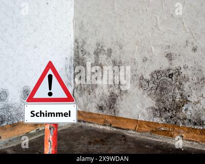 Achtung Warnschild Schimmel auf Deutsch, Symbolbild Stockfoto