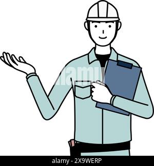 Mann in Helm und Arbeitskleidung hält ein Klemmbrett und streckt seine Hand, Vektor-Illustration Stock Vektor