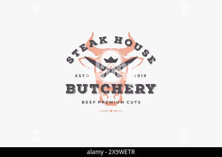 Gravur Logo Kuhkopf Silhouette und moderne Vintage Typografie Hand gezeichnete Stil Vektor Illustration. Logo für Metzgerei-Emblem, Bauernmarkt Stock Vektor