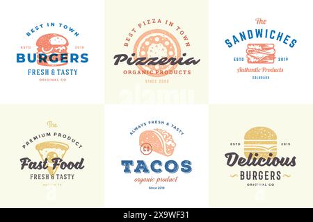 Handgezeichnete Fast Food Logos und Etiketten mit moderner Vintage Typografie Retro Stil Set Vektor Illustration. Burger, Pizza und Hot Dog Silhouetten für ca. Stock Vektor