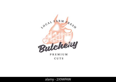Hand gezeichnetes Logo Kuhkopf Silhouette und moderne Vintage Typografie Retro Stil Vektor Illustration. Logo für Milchmilchemblem, Farm Meat Market PA Stock Vektor