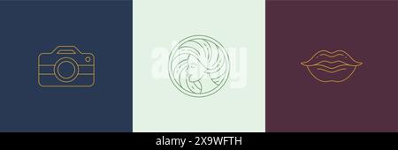 Vektorlinie Dekoration Design Elemente Set - weibliches Gesicht und Lippen Illustrationen einfache minimalen linearen Stil. Bündeln Sie mystische Umrissgrafiken für das Logo Stock Vektor