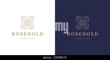 Rosenblume Blütenblatt Linie und Ast mit Blättern Vektor-Logo Emblem Design Vorlage Illustration einfache minimale lineare Stil. Konturgrafiken für Cosmet Stock Vektor