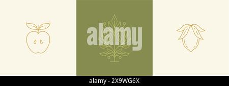 Vektorlinie Dekoration Design Elemente Set - Zweig und Blätter mit Apfelhänden Illustrationen einfache lineare Stil. Kollektion mit trendigen Outline-Grafiken Stock Vektor
