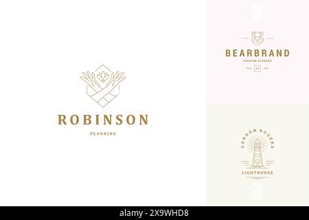 Vektorlinie Logos Embleme Design Vorlagen Set - weibliche Gesten Hände und Blumen Illustrationen einfache minimalen linearen Stil. Gliederung von Grafiken für cosme Stock Vektor