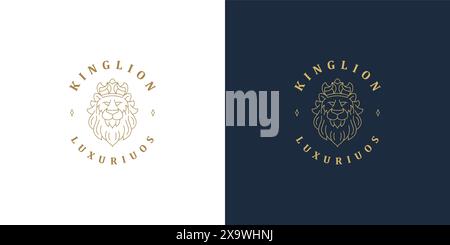 Löwenkopf mit Kronenlinie Symbol Vektor Logo Emblem Design Vorlage Illustration einfache lineare Stil. Entwerfen Sie Grafiken für Business-Branding und Royal Stock Vektor