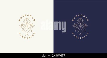 Vektorlinie Logos Embleme Design Vorlagen Set - weibliche Geste Hand und Rosenblume Illustrationen einfache minimalen linearen Stil. Konturgrafiken für c Stock Vektor