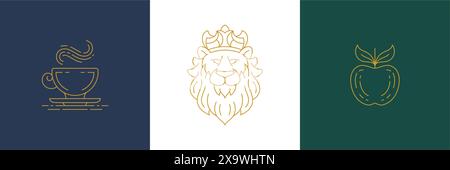 Vektorlinie elegante Dekoration Design Elemente Set - Löwenkopf und Apfel Illustrationen linearer Stil. Kollektion mit zarten, böhmischen Konturgrafien für Stock Vektor