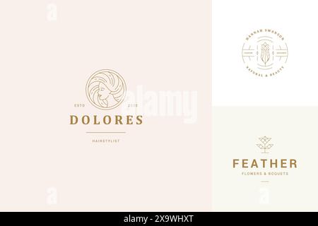 Vektorlinie Logos Embleme Design Vorlagen Set - weibliches Gesicht und Blumen Illustrationen einfache minimale lineare Stil. Umrissgrafiken für die Kosmetologie b Stock Vektor