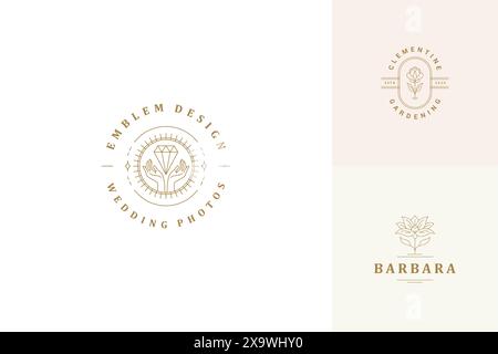 Vektorlinie Logos Embleme Design Vorlagen Set - weibliche Gesten Hände und Blumen Illustrationen einfache minimale lineare Stil. Konturgrafiken für Kosmos Stock Vektor
