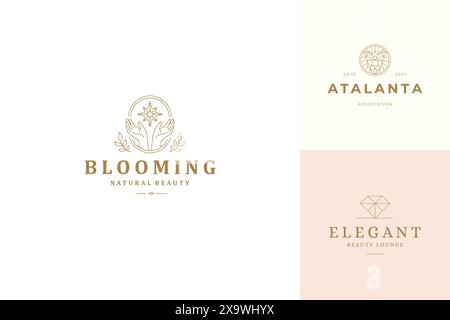 Vektorlinie Logos Embleme Design Vorlagen Set - weibliche Gesten Hände und Sternillustrationen einfache minimalen linearen Stil. Konturgrafiken für die kosmetische Darstellung Stock Vektor