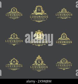 Luxus Logos Monogramme Wappen Design Vorlagen Set Vektor Illustration. Royal Brands Vignetten mit Vintage-Blumenmuster. Stock Vektor