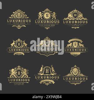 Luxus Logos Monogramme Wappen Design Vorlagen Set Vektor Illustration. Vintage Vignettenschmuck der Royal Brands. Stock Vektor