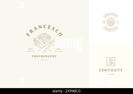Vektorlinie Logos Embleme Design Vorlagen Set - weibliche Gesten Hände und Blumen Illustrationen einfache minimalen linearen Stil. Gliederung von Grafiken für cosme Stock Vektor