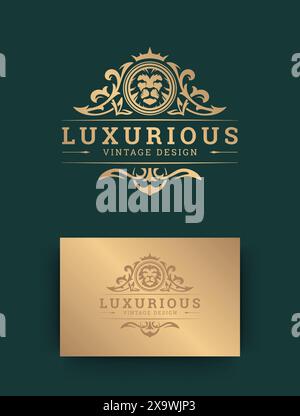 Luxuriöses Logo-Schablonendesign mit Löwenvektorillustration. Vintage Vignettenschmuck der Marke Royal Wappen. Stock Vektor