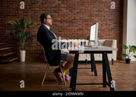 Lustiger Geschäftsmann mit formellem Anzug und weichen Hausschuhen, der online arbeitet Stockfoto