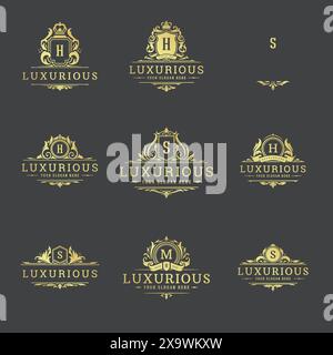 Luxuriöse Logos und Monogramme Wappen Design Vorlagen Set Vektor Illustration. Königliche Embleme Vintage Vignette Ornamente. Stock Vektor