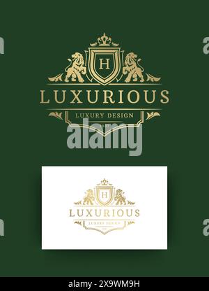 Luxus Logo Monogramm Vorlage Design Vektor Illustration. Vintage-Vignettenschmuck mit Monogramm-Wappen. Lions Head Silhouetten. Stock Vektor