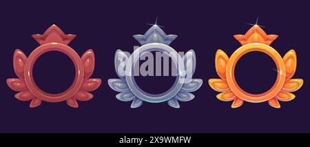 Spielranking-Frames werden isoliert auf Hintergrund gesetzt. Vektor-Karikaturillustration der mittelalterlichen runden Avatargrenzen aus Gold, Silber, Bronze Metall Ornamente Stock Vektor
