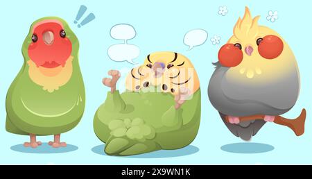 Komische Papageienvögel, isoliert auf blauem Hintergrund. Vektor-Karikaturillustration eines exotischen gefiederten Maskottchens stehend, liegend mit Sprechblasen, Sittin Stock Vektor