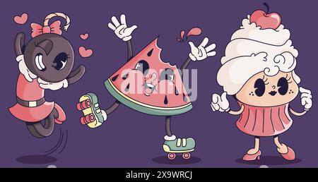 Retro-Charakter mit groovigem Gesicht. Lustiges Vintage-Lächeln-Comic-Maskottchen mit Wassermelone und Cupcake. Crazy Music Food festliches Design für die Disco-Grafikmarke der 90er Jahre Stock Vektor
