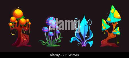 Fantasy-Alien-Pilz. Zauberpflanze Cartoon Wald Set. Märchen Natur Clipart. Fantastisches Blumen- und Pilzdesign für wundervolle Landschaften. Psyche Stock Vektor