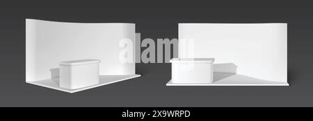 Weißer Standfuß mit Wänden, Boden und Plattform für Produktpräsentationen. Realistische 3D-Vektor-Illustration des Studio- oder Ausstellungsraumes Innenmodells. Stock Vektor