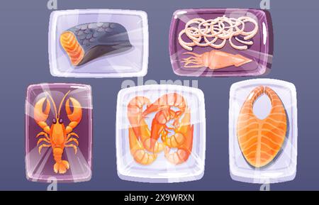 Gefrorene Meeresfrüchte, Plastikverpackung. Lachs Meeresfisch und Garnelen auf Tablett für Lebensmittelmarkt. Gefrierbehälter für Garnelen und Oktopus. Kaltes Meer Stock Vektor
