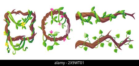 Rahmen und Rahmen von Liana Vine für das Design von spieloberflächen. Zeichentrickvektor-Illustration Set von Dschungel Helix Pflanzenzweig mit grüner Klettervegetation mit lea Stock Vektor