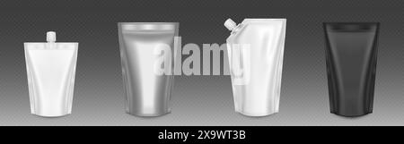 3D-Set mit Beuteln, isoliert auf transparentem Hintergrund. Vektor-realistische Illustration von weißen, schwarzen und silbernen Doypacks, Folienverpackung für Lebensmittel, soa Stock Vektor