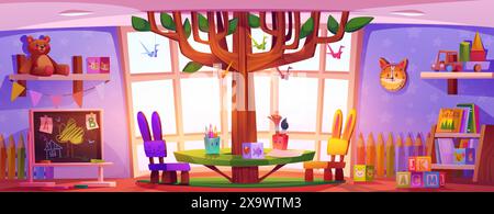 Kindergartenzimmer mit Möbeln und Spielzeug. Karikaturvektor-Illustration des Kinderzimmer-Spielzimmers mit dekorativem Baum, Tisch und Stühlen, Bücher und Stock Vektor