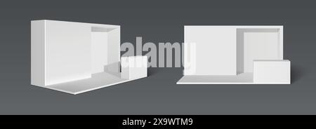 Weißer Standfuß mit Wänden, Boden und Plattform für Produktpräsentationen. Realistische 3D-Vektor-Illustration des Studio- oder Ausstellungsraumes Innenmodells. Stock Vektor