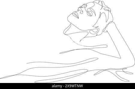 Person, die im Wasser schwimmt und ein Spa-Bad nimmt, durchgehend eine Linie zeichnet. Konzept der Schönheitsbehandlungen, Selbstpflege, Sinnesentzug. Vektorillustraten Stock Vektor
