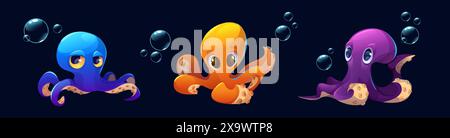 Niedlicher Kraken-Charakter. Sea Baby Tintenfisch Cartoon. Lustiges Tier mit Tentakelzeichnung Clipart. Unterwasser-Kraken-Monster in Blau und Orange. Wirbellose Tiere Stock Vektor