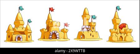 Sandburgen auf weißem Hintergrund. Vektor-Karikaturillustration von Strandskulpturen in Form einer mittelalterlichen Festung mit Türmen, Seesternen und Stock Vektor