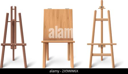 Holzmockup der Staffelei. Realistische 3D-Vektor-Illustration Set aus leerem Stativständer für Leinwand oder Tafel mit brauner Holzstruktur. Vorderansicht auf Lack Stock Vektor