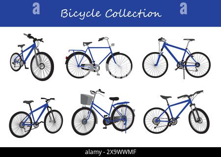 Fahrradsammlung. Fahrrad in verschiedenen Stellungen. Vektorabbildung. Stock Vektor
