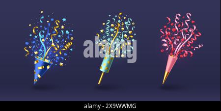 Geburtstag, Neujahr und Weihnachtsfeier Popper mit fliegenden Konfetti. Realistische 3D-Vektor-Illustration Set von Kegel und Zylinder Feuer Cracker mit Band Stock Vektor