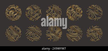 Kreisförmige Holzringe oder topografische Kartenlinien Texturset. Sammlung der topographischen abstrakten Linien des Holzbaums Stock Vektor