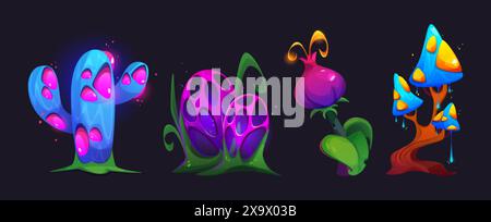Magische Fantasy Wunderland Baum, Blume und Pilz. Zeichentrickvektor Illustration Set des Spiels Neon glühende fantastische Pflanzen für bizarren außerirdischen Wald des Stock Vektor
