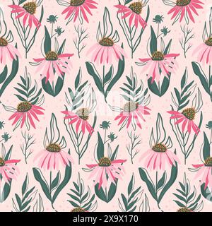 Nahtloses Muster mit stilvollem rosa Echinacea purpurea. Violette Konefloren heller rosa Hintergrund. Handgezeichnete Vektorgrafik. Stock Vektor