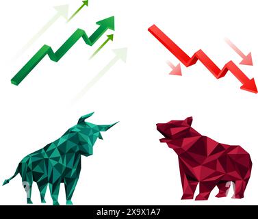 Vektorbulle vs. Bärensymbole für wachsende und fallende Pfeile an der Börse Stock Vektor