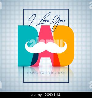 Happy Vatertag Grußkarte Design mit buntem Papa Text Etikett und Schnurrbart auf weißem Hintergrund. Illustration der Vektorfeierlichkeit mit Typografie Stock Vektor