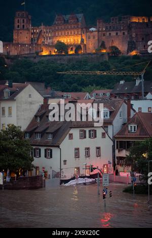 Schloss und Altstadt in Heidelberg, davor der Neckar in Hochwasserlage mit Pegelstand von 4,60 Meter Foto vom 02.06.2024. Die Hochwasserlage spitzt sich in einigen Gebieten Baden-Württemberg und Bayerns zu. Menschen in den Flutgebieten in Baden-Württemberg und Bayern müssen in Sicherheit gebracht werden, Daemme hält teils nicht stand. *** Schloss und Altstadt in Heidelberg, davor der Neckar in Hochwasserlage mit 4 60 Metern Foto vom 02 06 2024 die Hochwassersituation verschlechtert sich in einigen Gebieten Baden-Württembergs und Bayerns in der Stadt Stockfoto