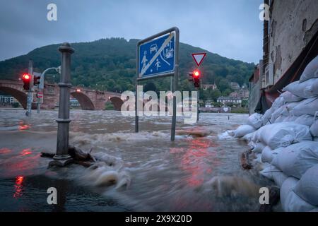 Die Alte Bruecke in Heidelberg, darunter der Neckar in Hochwasserlage mit Pegelstand von 4,60 Meter, Gebaeude werden mit Sandsaecken geschuetzt Foto vom 02.06.2024. Die Hochwasserlage spitzt sich in einigen Gebieten Baden-Württemberg und Bayerns zu. Menschen in den Flutgebieten in Baden-Württemberg und Bayern müssen in Sicherheit gebracht werden, Daemme hält teils nicht stand. NUR REDAKTIONELLE VERWENDUNG *** die alte Brücke in Heidelberg, unterhalb des Neckars in Hochwassersituation mit einem Wasserstand von 4 60 Metern, Gebäude sind mit Sandsäcken geschützt Foto vom 02 06 2024 die Hochwassersituation ist rückläufig Stockfoto