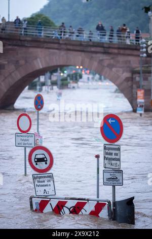 Die Alte Bruecke in Heidelberg, darunter der Neckar in Hochwasserlage mit Pegelstand von 4,60 Meter Foto vom 02.06.2024. Die Hochwasserlage spitzt sich in einigen Gebieten Baden-Württemberg und Bayerns zu. Menschen in den Flutgebieten in Baden-Württemberg und Bayern müssen in Sicherheit gebracht werden, Daemme hält teils nicht stand. NUR REDAKTIONELLE VERWENDUNG *** die Alte Brücke in Heidelberg, einschließlich des Neckars in Hochwassersituation mit einem Wasserstand von 4 60 Metern Foto vom 02 06 2024 die Hochwassersituation verschlechtert sich in einigen Gebieten Baden-Württembergs und Bayerns sind die Menschen im Hochwasser Stockfoto