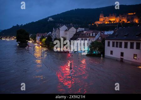 Schloss und Altstadt in Heidelberg, davor der Neckar in Hochwasserlage mit Pegelstand von 4,60 Meter Foto vom 02.06.2024. Die Hochwasserlage spitzt sich in einigen Gebieten Baden-Württemberg und Bayerns zu. Menschen in den Flutgebieten in Baden-Württemberg und Bayern müssen in Sicherheit gebracht werden, Daemme hält teils nicht stand. *** Schloss und Altstadt in Heidelberg, davor der Neckar in Hochwasserlage mit 4 60 Metern Foto vom 02 06 2024 die Hochwassersituation verschlechtert sich in einigen Gebieten Baden-Württembergs und Bayerns in der Stadt Stockfoto